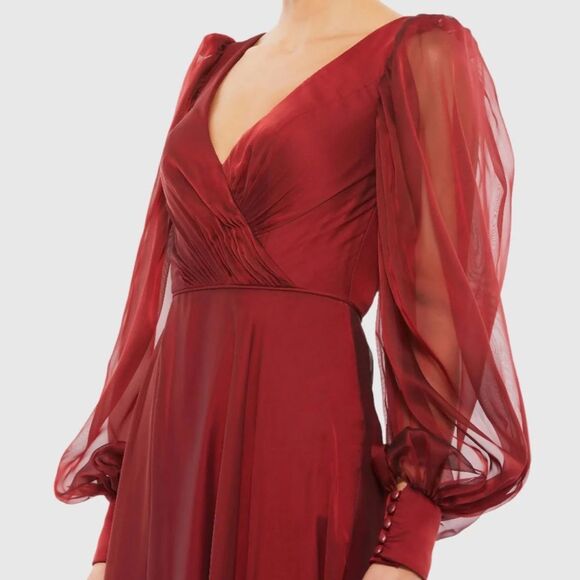 Mac Duggal Deep Garnet Sheer Blouson Sleeve Surplice Gown Size 12 NEW MSRP $398 - Picture 2 of 9